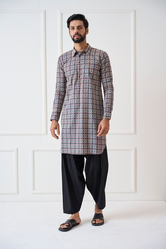 Men Blue Regular Pure Cotton Pathani Kurta With Black Salwar