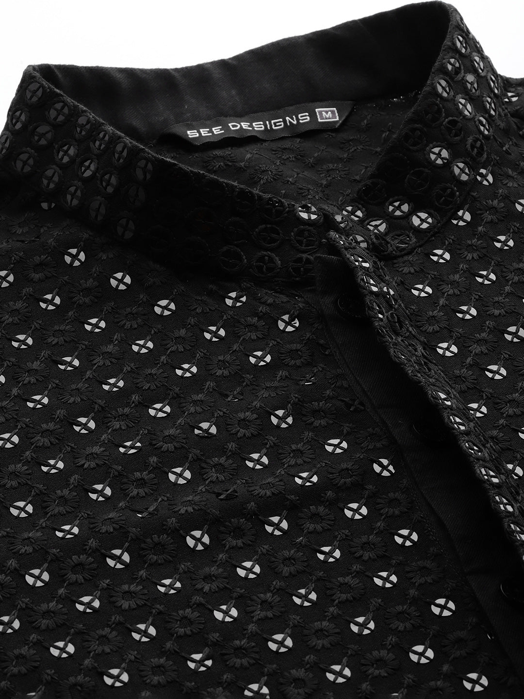 Men Black Floral Embroidered Sequins Rayon Kurta With pyjama