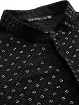 Men Black Floral Embroidered Sequins Rayon Kurta With pyjama