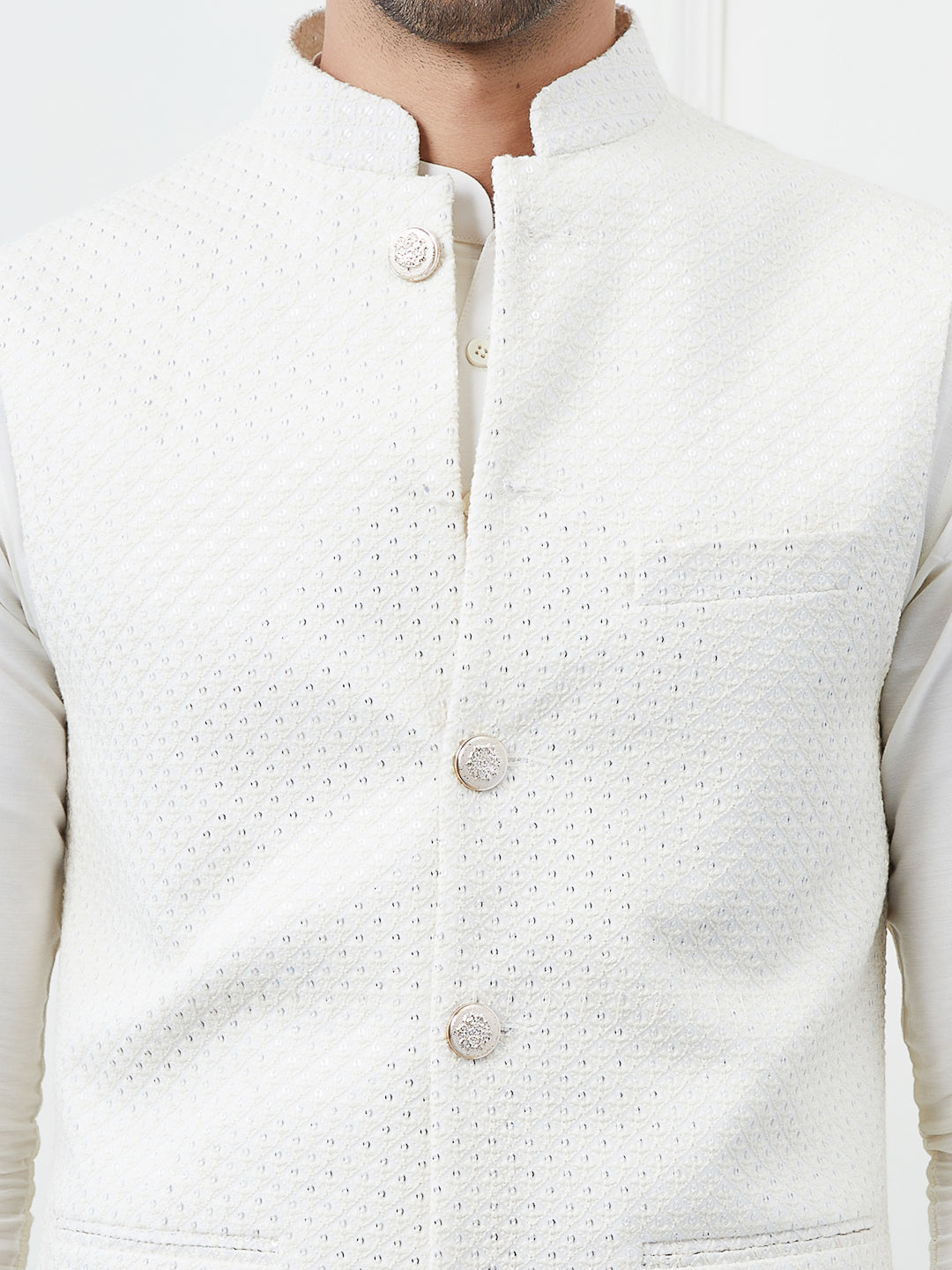 Men Off White Color Woven Design Embroidery With Sequence Cotton Nehru Jacket