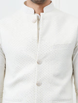 Men Off White Color Woven Design Embroidery With Sequence Cotton Nehru Jacket