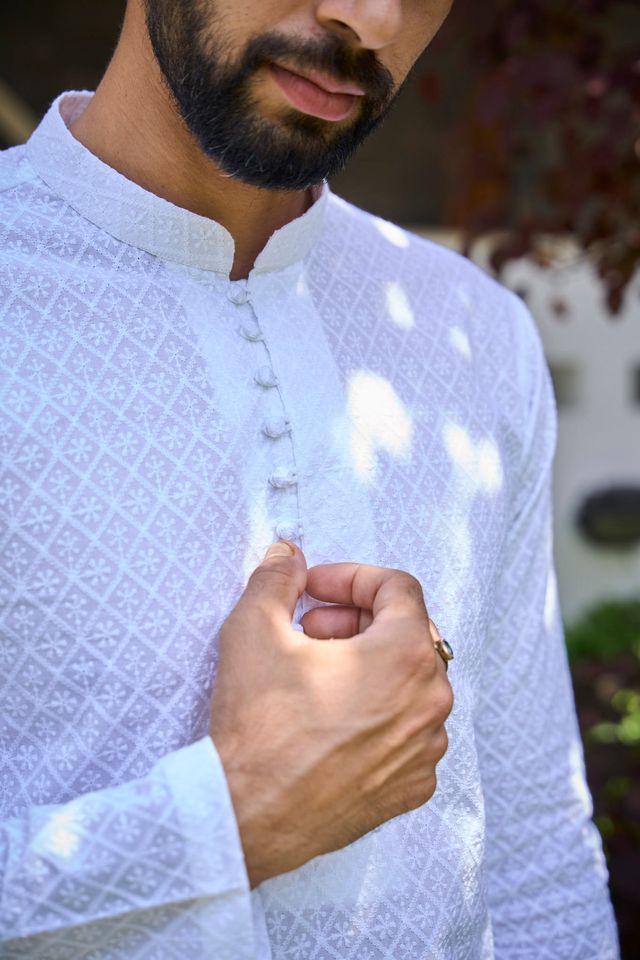 Men White Chikankari Embroidered Straight Kurta With White Salwar