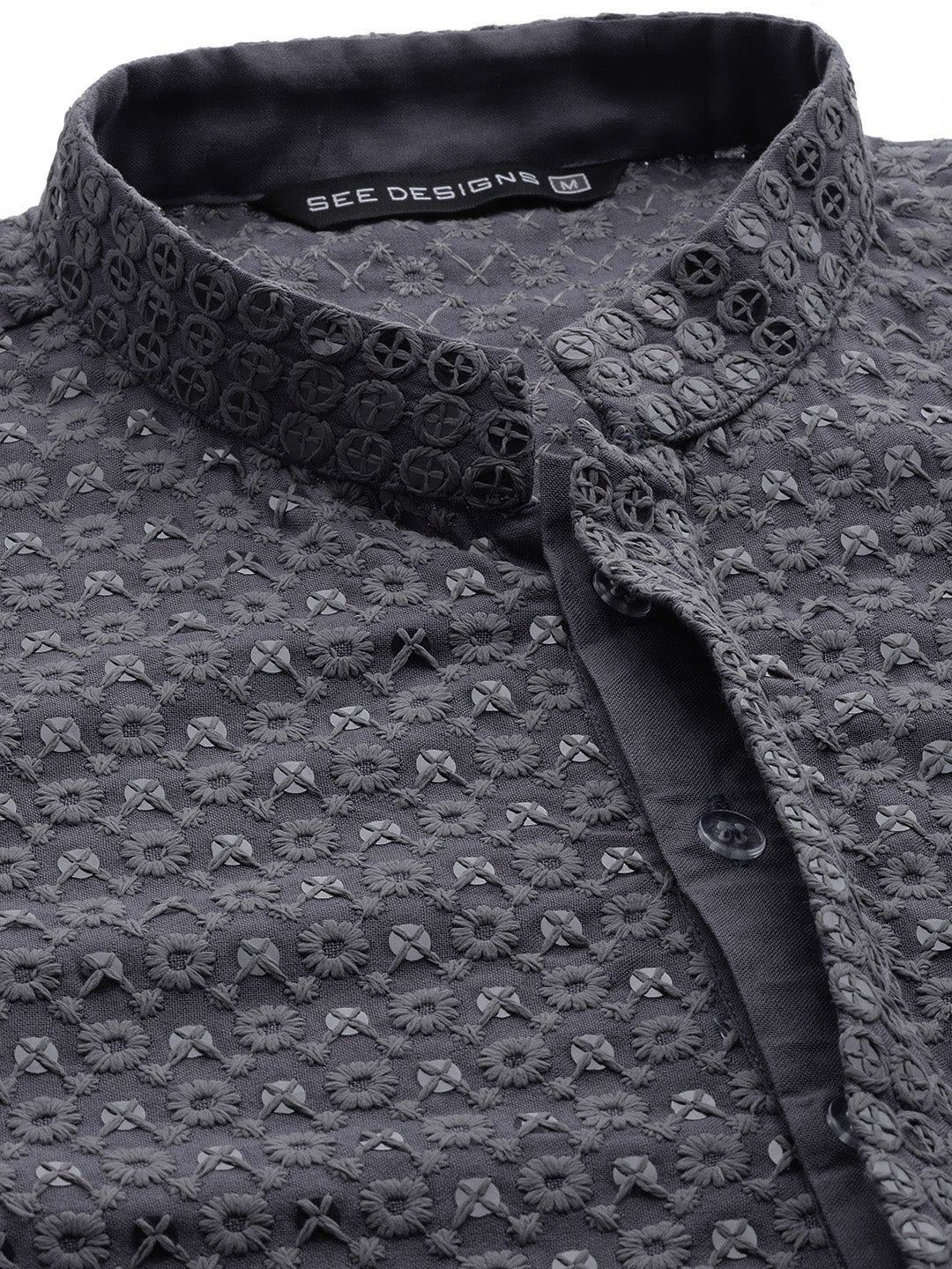 Men Grey Floral Embroidered Sequin Rayon Kurta