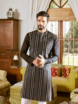 Men Black Cotton Pintex Design Sequins Kurta With Pajama