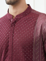 Riwaat.com Men Maroon & Gold Thread Work Embroidery Cotton Silk Kurta Riwaat Embroidered