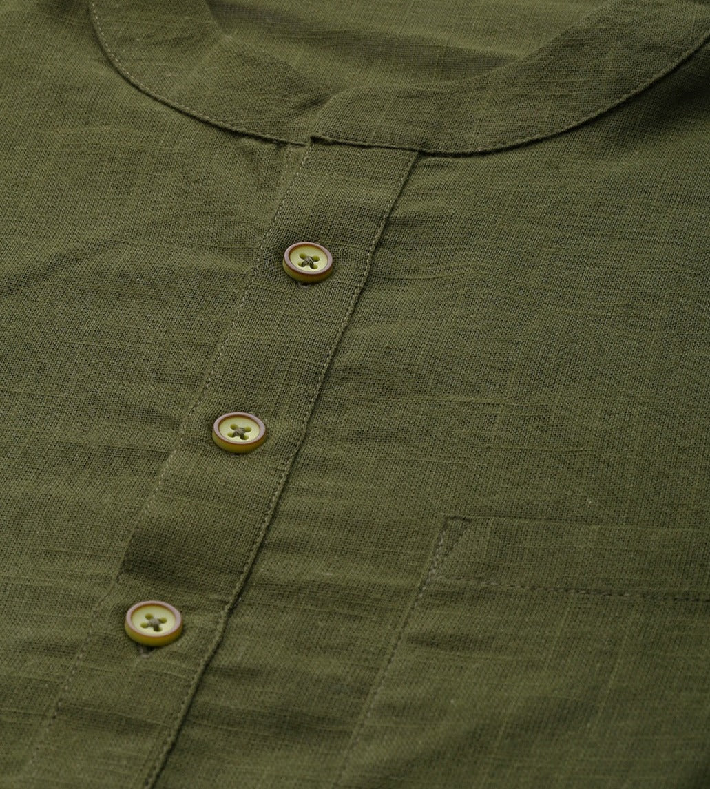 Men Olive Green Cotton Straight Kurta with Slub Effect With Pajama