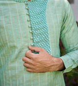 Men Light Green and Turquoise Yoke Design Sequins Kurta