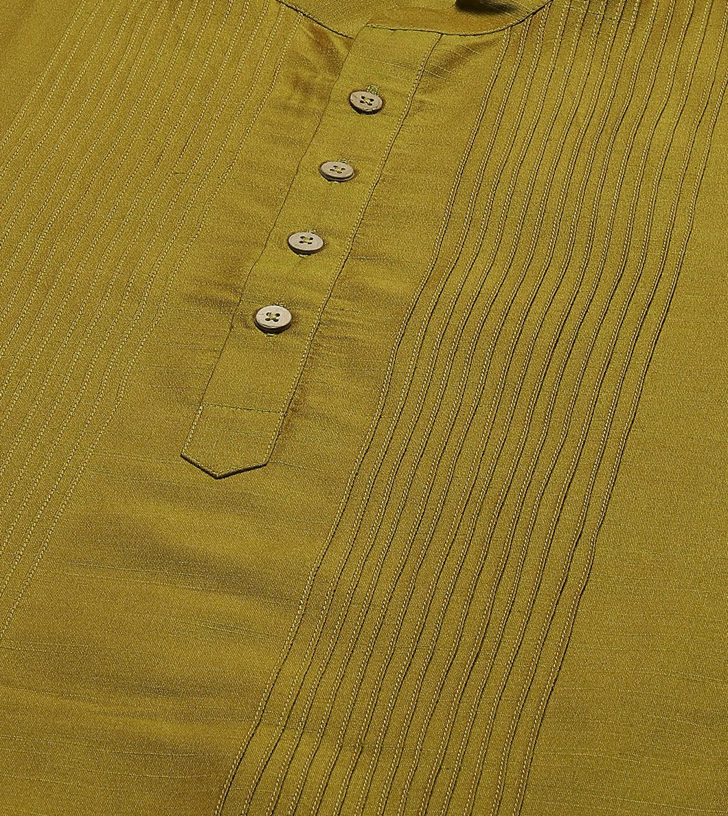 Men Mustard Cotton Silk Straight Kurta With Pajama