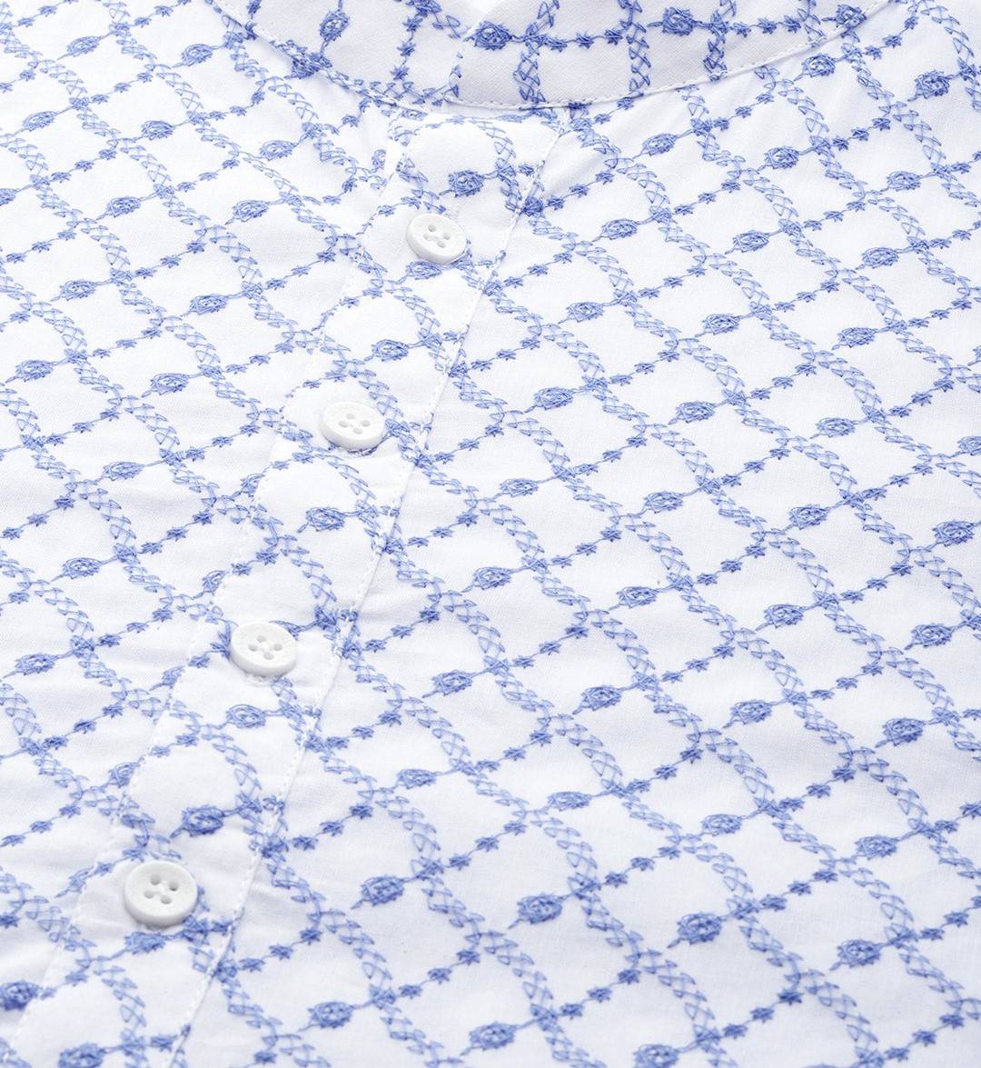 Men White with Blue Lattice Pattern Pure Cotton Embroidered Straight Kurta With Pajama