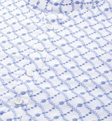 Men White with Blue Lattice Pattern Pure Cotton Embroidered Straight Kurta With Pajama