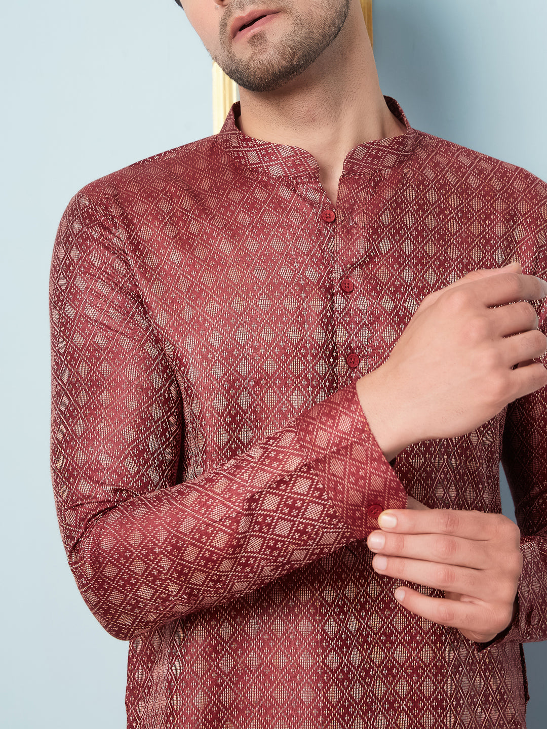 Men Burgundy & Gold Woven Design Thread Work Kurta With pyjama
