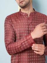 Men Burgundy & Gold Woven Design Thread Work Kurta With pyjama