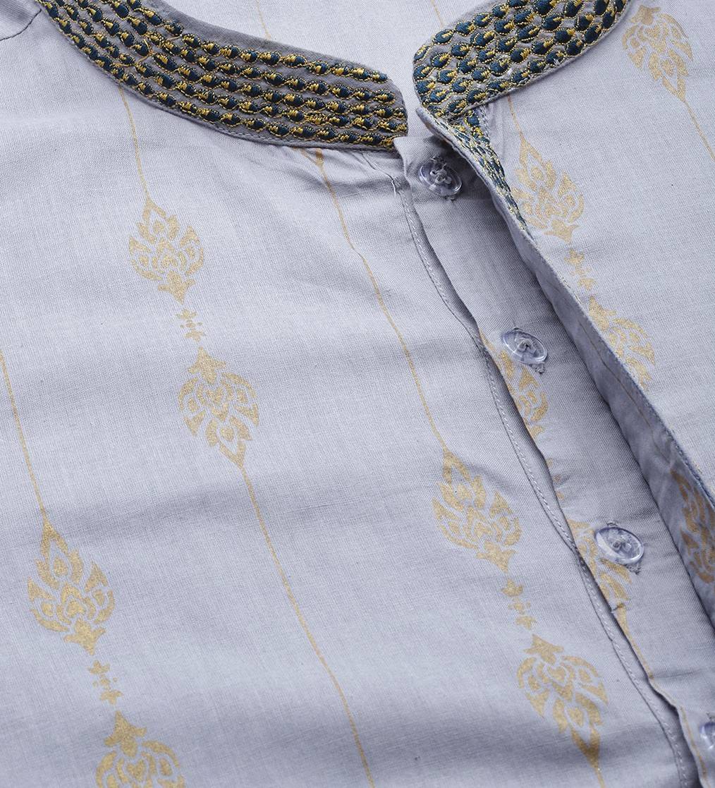 Men Grey & Gold Pure Cotton Embroidered Straight Kurta With Pajama