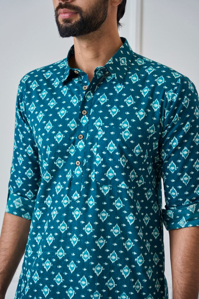 Men Teal Blue Regular Pure Cotton Pathani Kurta With Black Pyjama