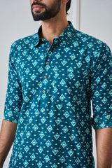 Men Teal Blue Regular Pure Cotton Pathani Kurta With Black Pyjama