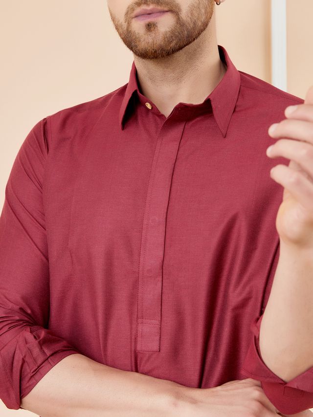 Men Maroon Cotton Solid Pathani Kurta