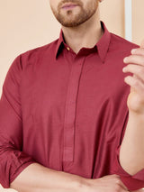 Men Maroon Cotton Solid Pathani Kurta
