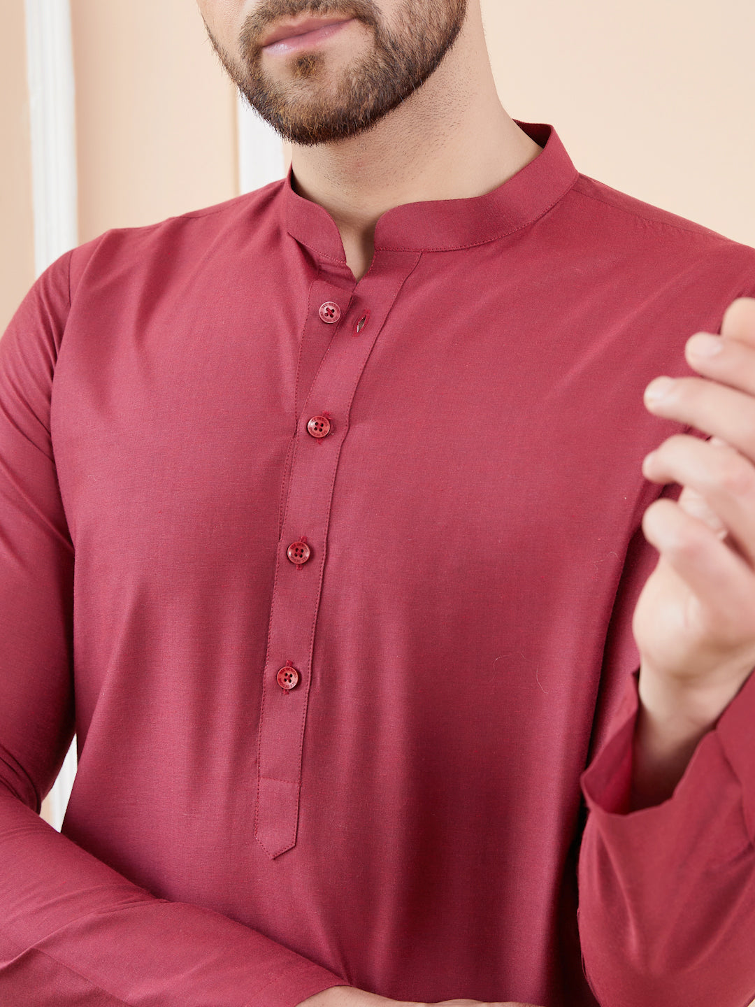 Men Burgundy Cotton Solid Straight Kurta With Pyjama