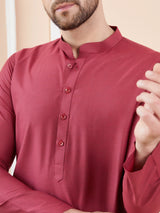 Men Burgundy Cotton Solid Straight Kurta With Pyjama