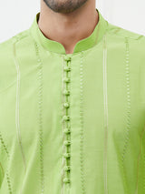 Men Green Sequinses Cotton Kurta Set