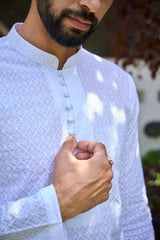 Men White Chikankari Embroidered Straight Kurta