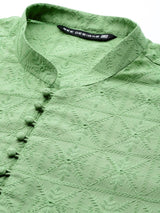 Men Green Pure Cotton Chikankari Embroidered Straight Kurta With Pyjama