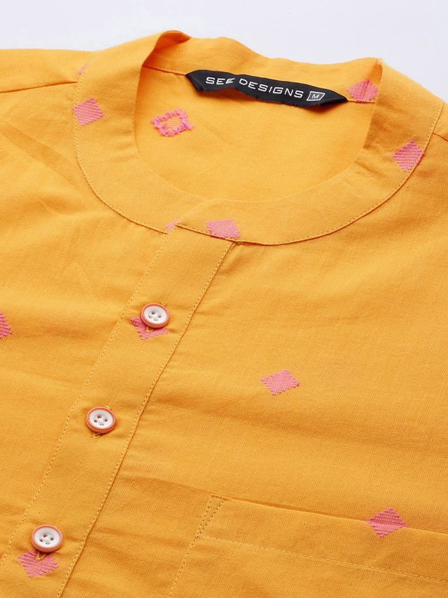 Men Yellow & Maroon  Woven Design Straight Kurta With Pyjama