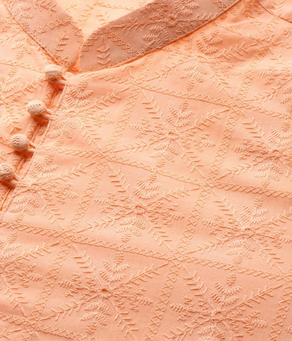 Riwaat.com Men Peach Pure Cotton Chikankari Embroidered Straight Kurta Riwaat Chikankari Embroidered