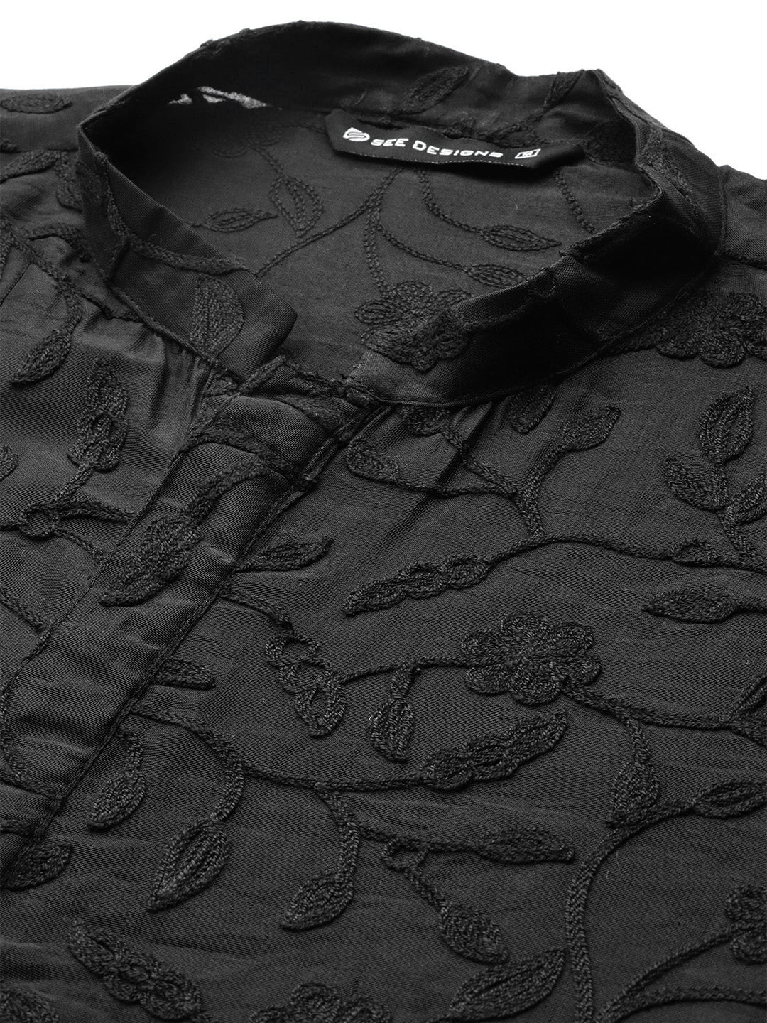 Men Black Embroidered Thread Work Chanderi Silk Straight Kurta