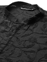 Men Black Embroidered Thread Work Chanderi Silk Straight Kurta