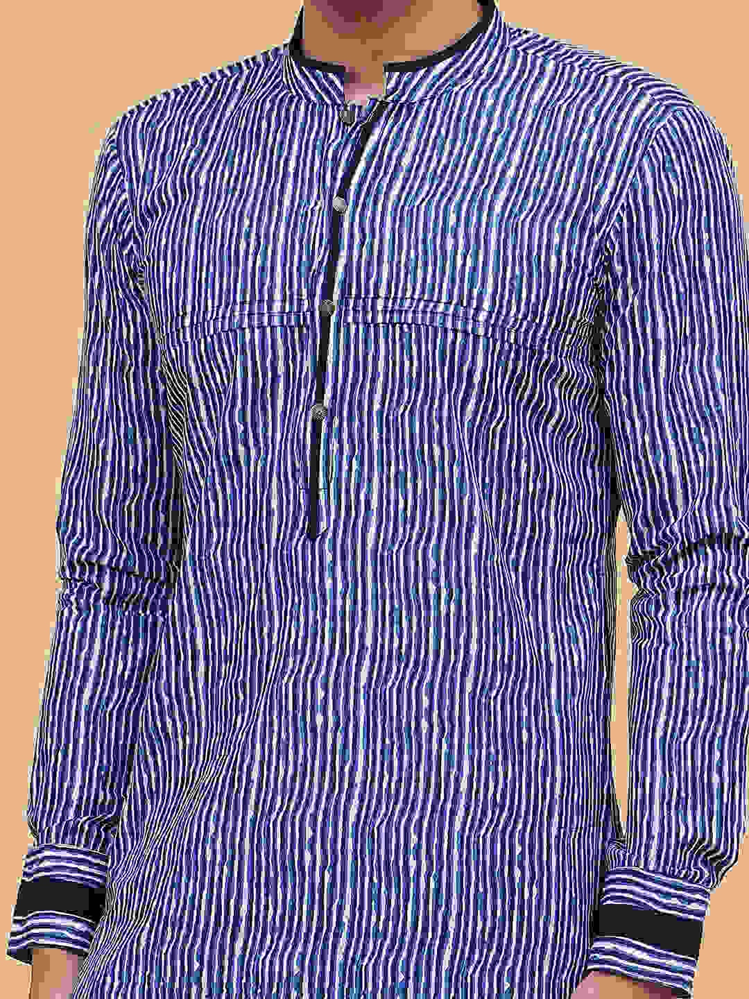 Men Blue and White Strip Printed Kurta With pyjama