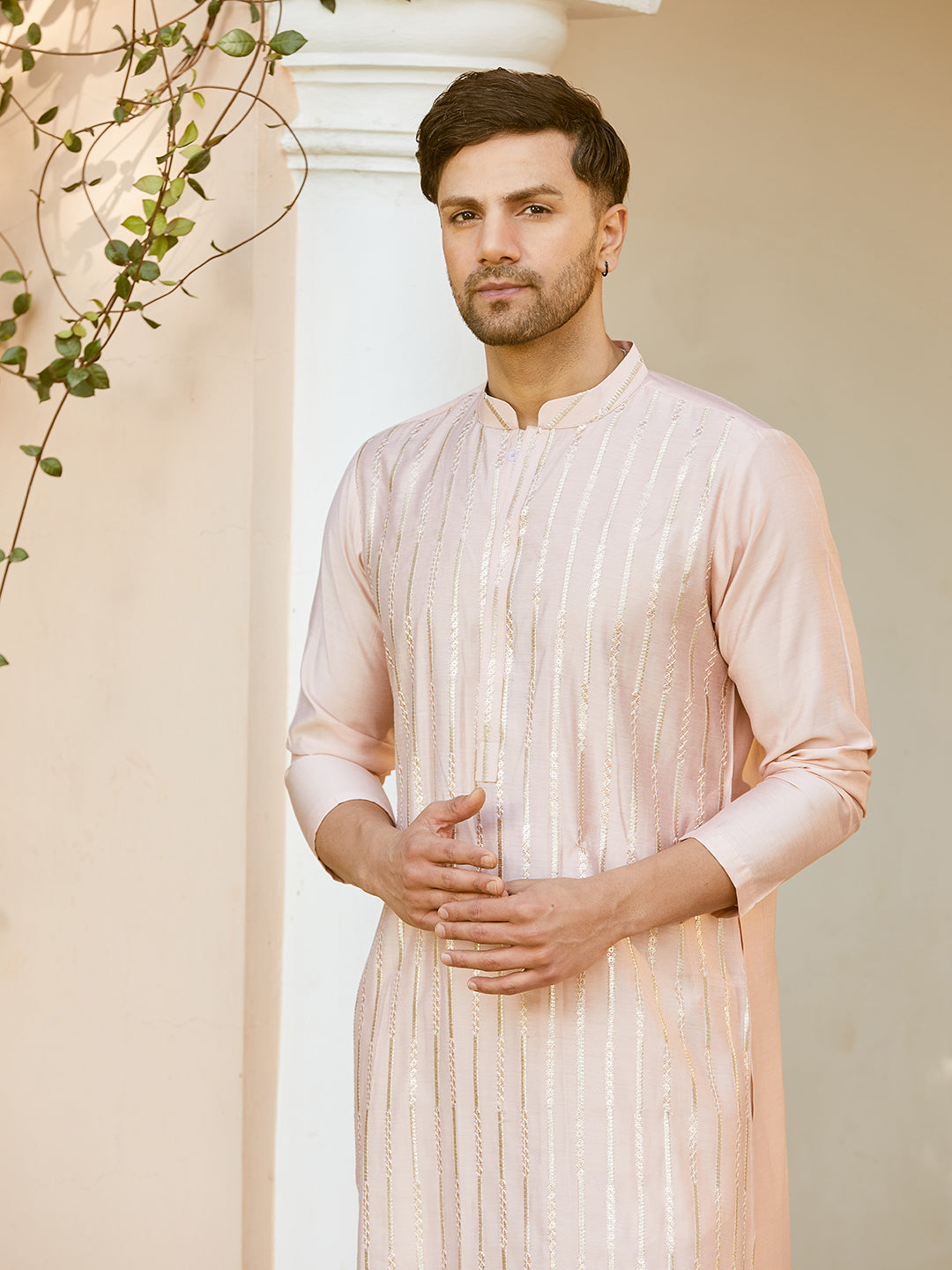 Men Pink And Gold Chanderi Silk Sequins Kurta