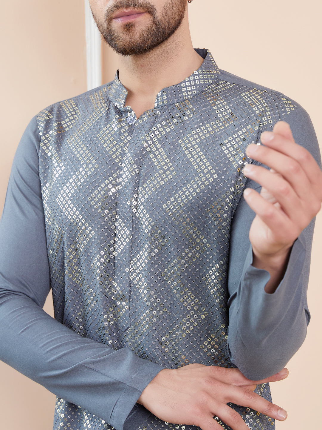 Men Grey And Gold Rayon Embroidery Sequins Kurta With Pyjama