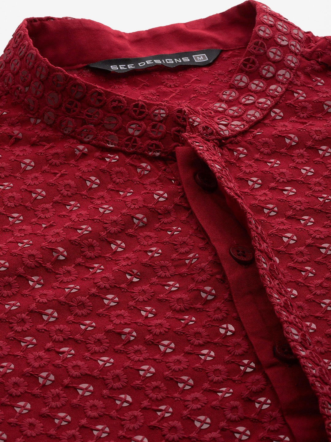 Men Maroon Floral Embroidered Sequin Rayon Kurta