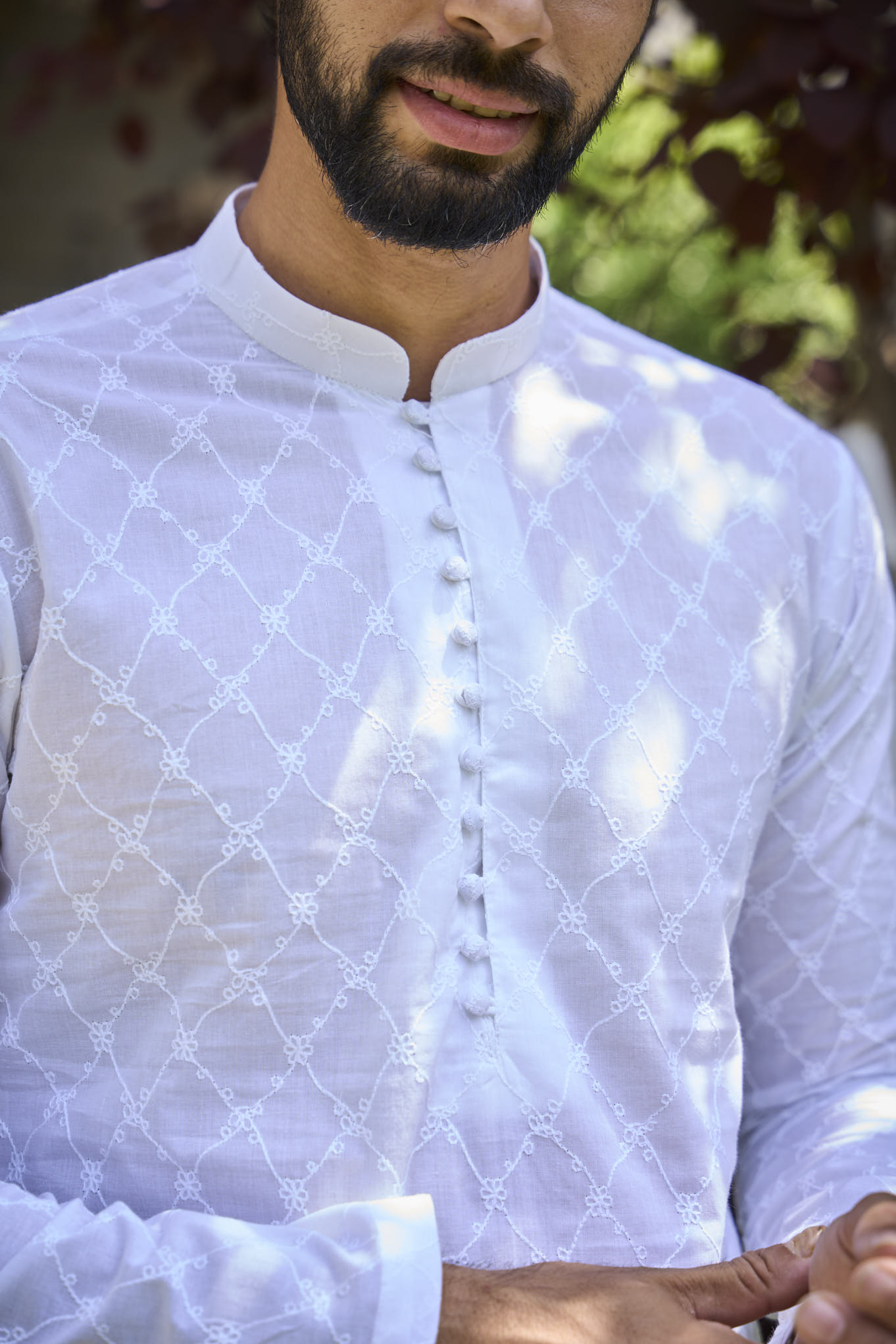 Men White Chikankari Embroidered Straight Kurta