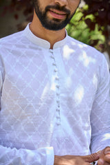Men White Chikankari Embroidered Straight Kurta