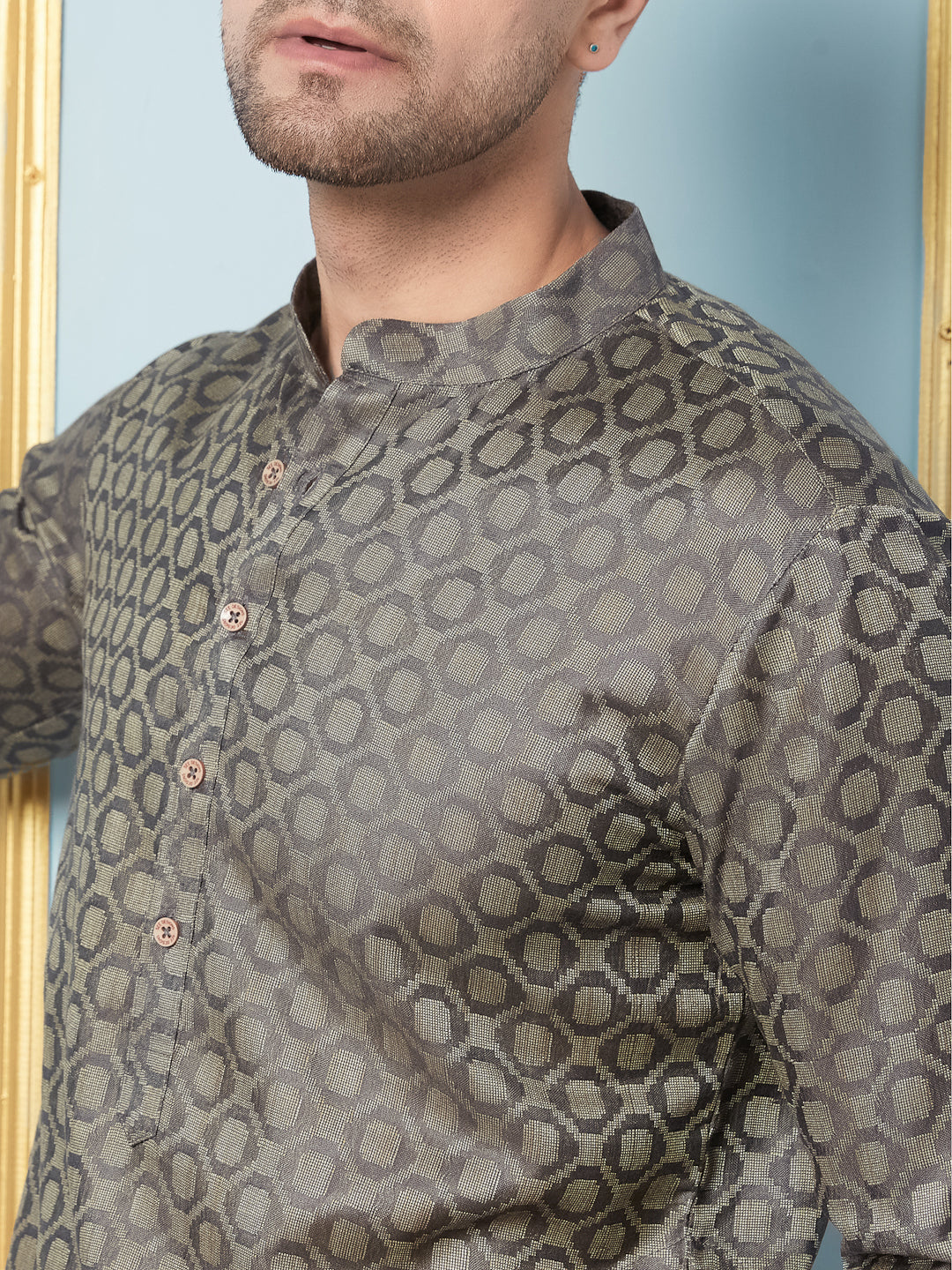 Men Charcoal & Green Woven Design Thread Work Kurta With Pajama