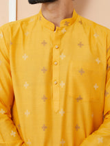 Mustard Cotton Handloom Motifs Straight Kurta with Pyjama