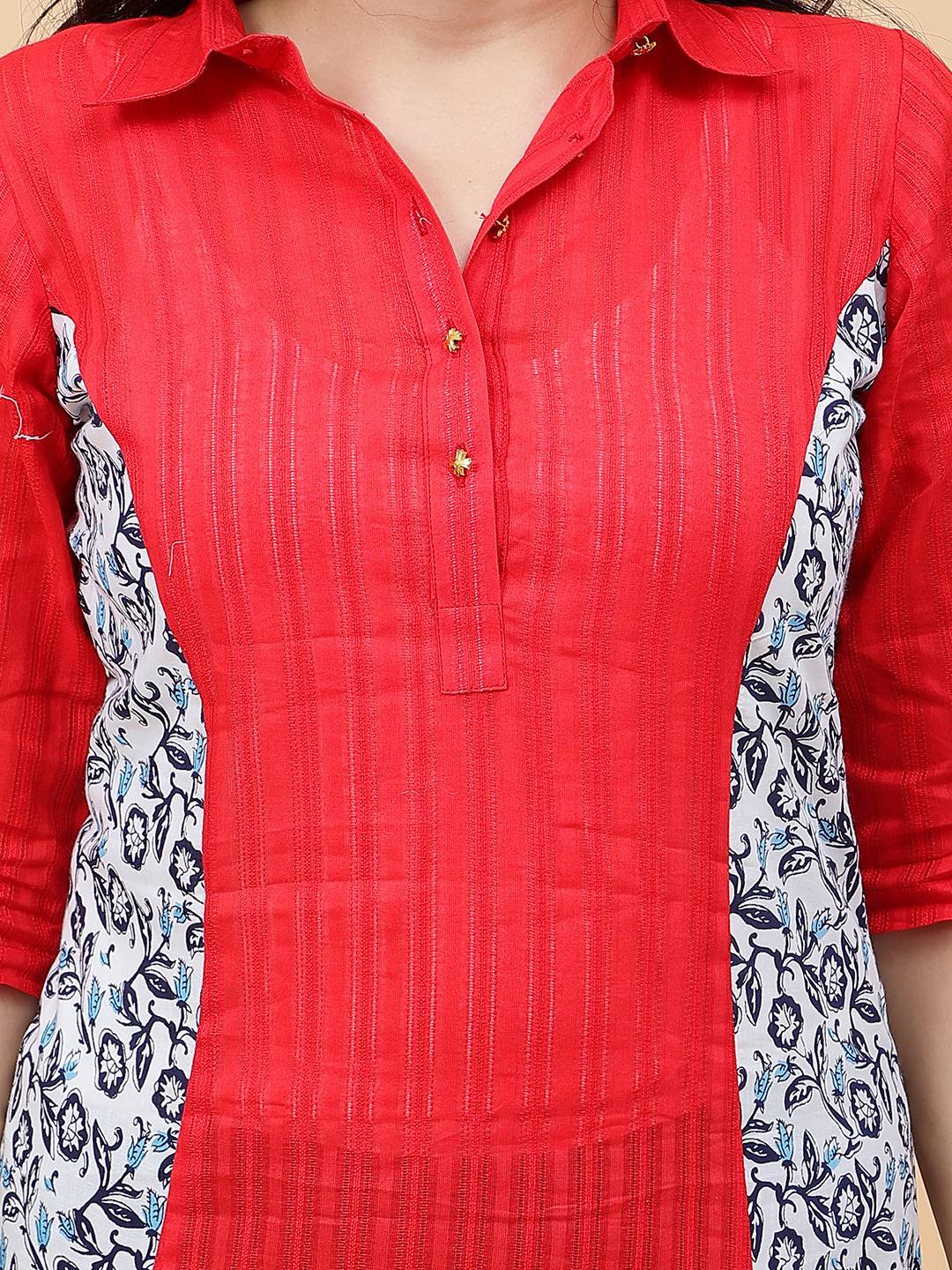 Women Red Princess Panel Side Floral Print Cotton Kurti