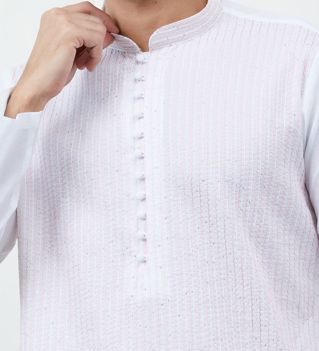 Men White Cotton Kurta With Pink Thread Work