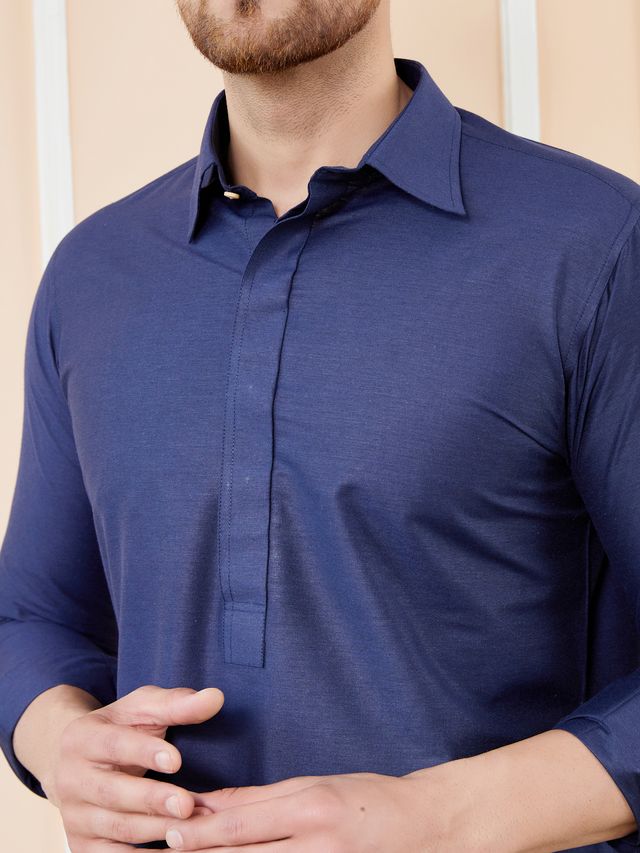 Men Navy Blue Cotton Solid Pathani Kurta