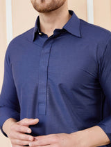 Men Navy Blue Cotton Solid Pathani Kurta