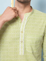 Men Lime Green & White Printed Cotton Short Kurta