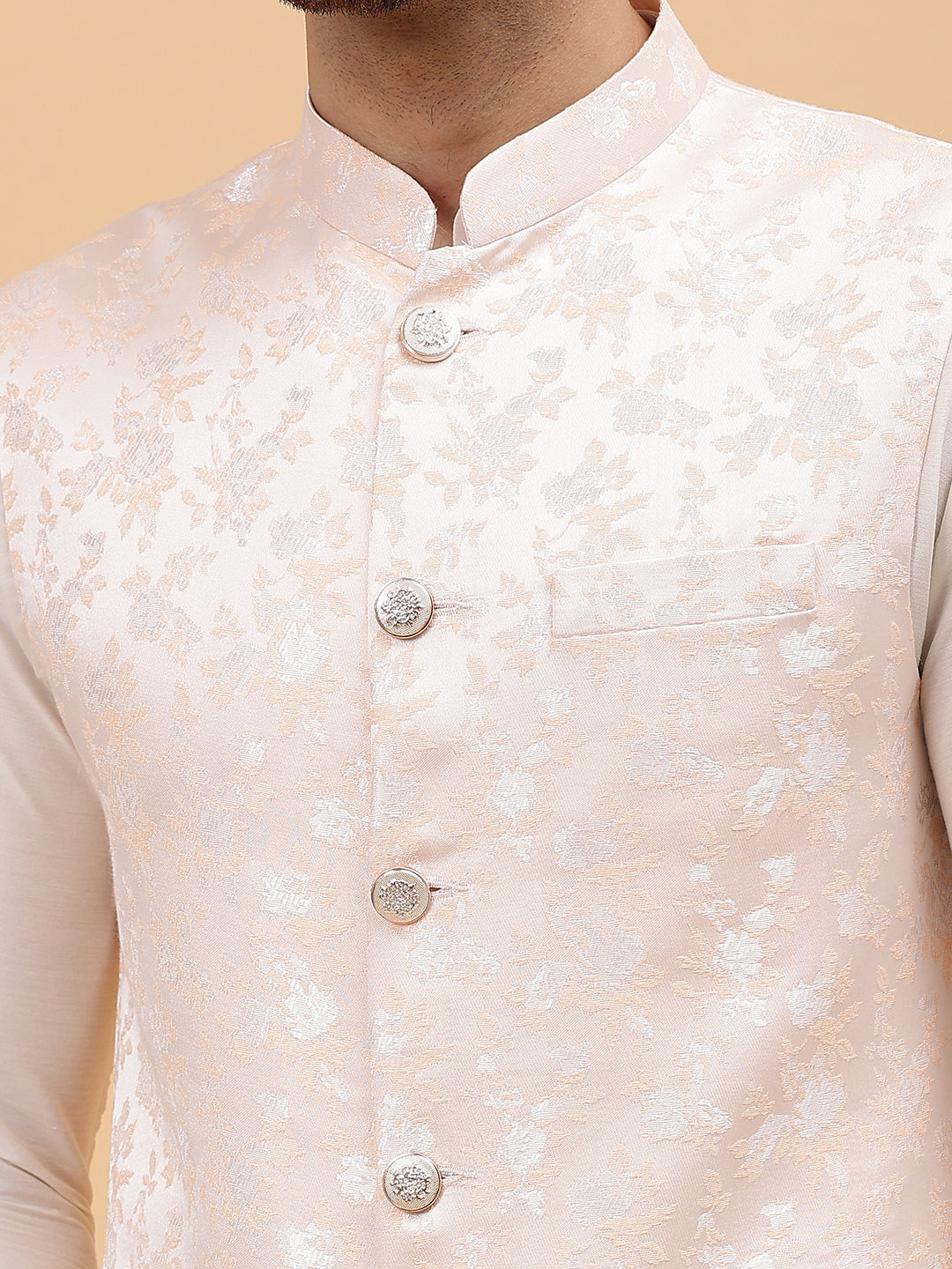 Riwaat.com Men Off White Kurta Pajama & Pink Woven Design Jacquard Nehru jacket Riwaat Indo Western