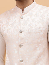 Riwaat.com Men Off White Kurta Pajama & Pink Woven Design Jacquard Nehru jacket Riwaat Indo Western