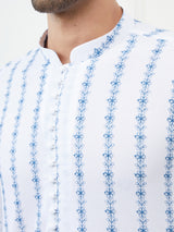 Men White And Blue Chikankari Embroidered Cotton Kurta Set