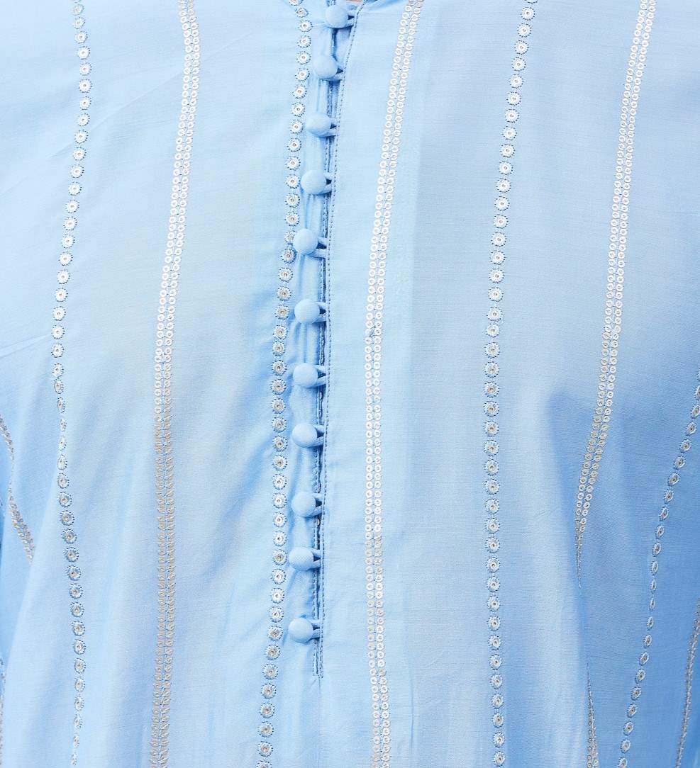 Men Turquoise Blue with Silver Stripes Cotton Kurta Set