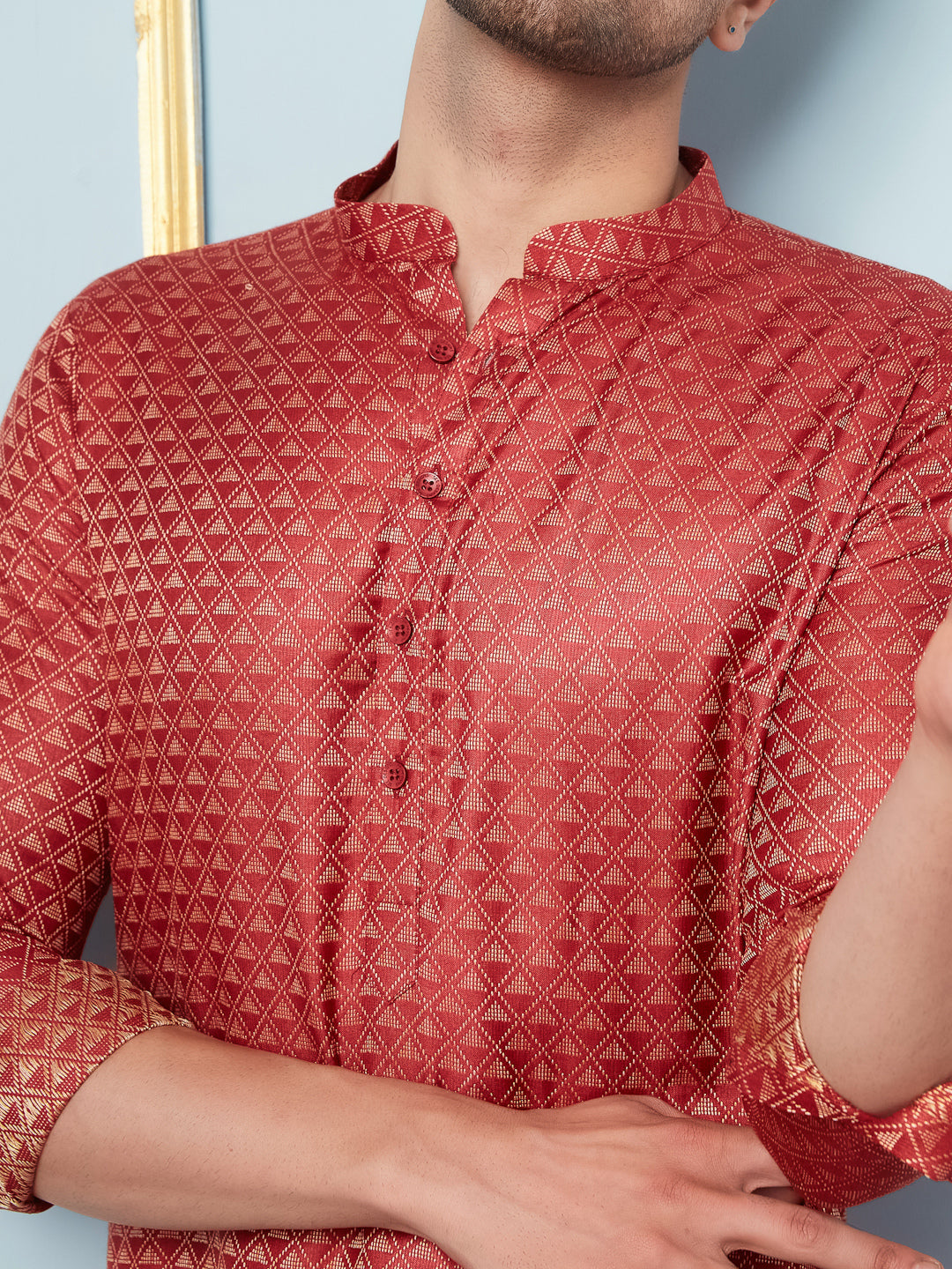 Riwaat.com Men Red & Gold Woven Design Thread Work Kurta Riwaat Woven Design