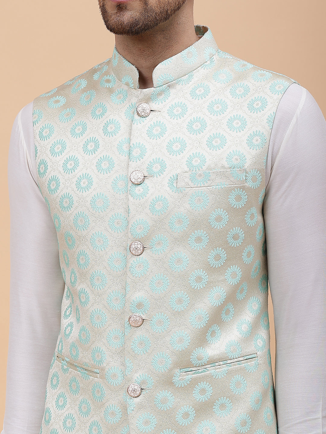 Men Off White Kurta Pajama & Gold Turquoise Blue Woven Design Jacquard Nehru jacket