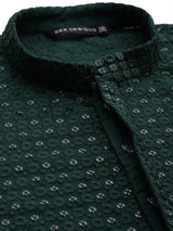 Men Green Floral Embroidered Sequins Rayon Kurta With pyjama